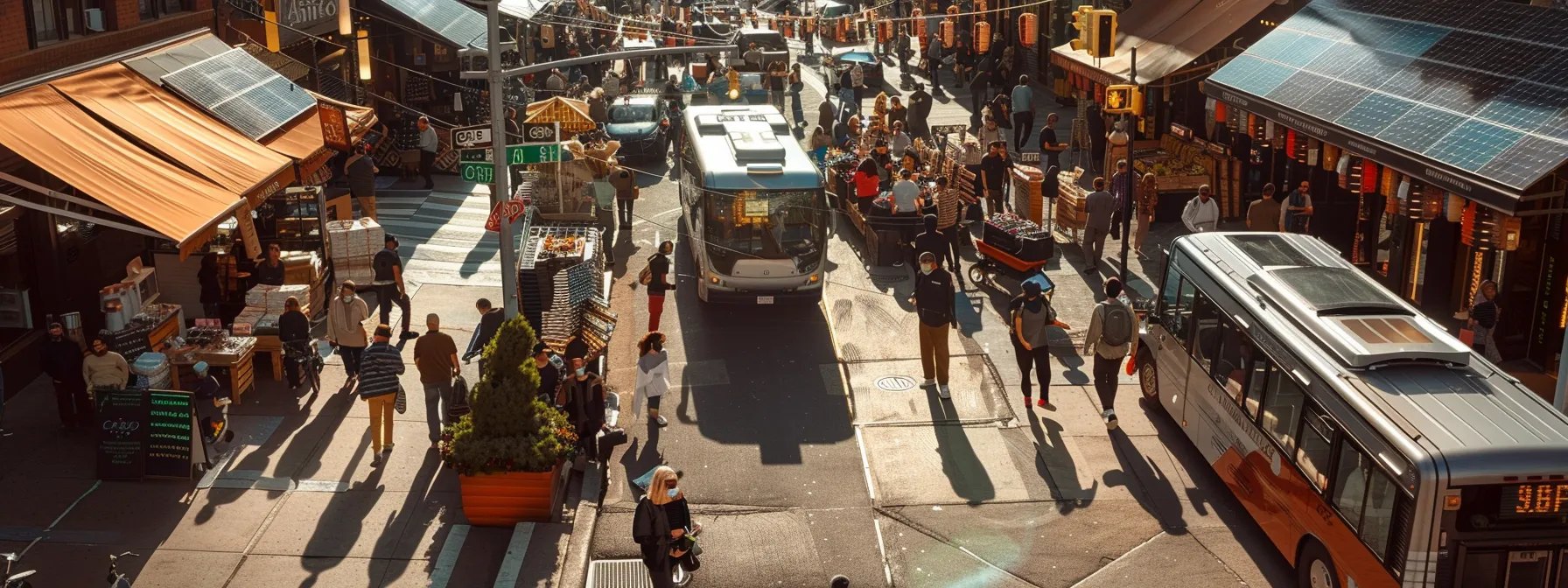 a bustling city street filled with electric vehicles, solar panels on rooftops, and people engaging in conversations about renewable energy grid advancements.