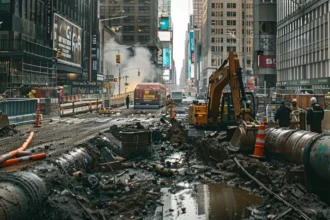 a bustling city street lined with tall buildings where crews are working on repairing a massive underground water pipeline.