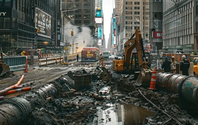 a bustling city street lined with tall buildings where crews are working on repairing a massive underground water pipeline.