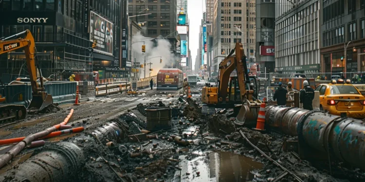 a bustling city street lined with tall buildings where crews are working on repairing a massive underground water pipeline.