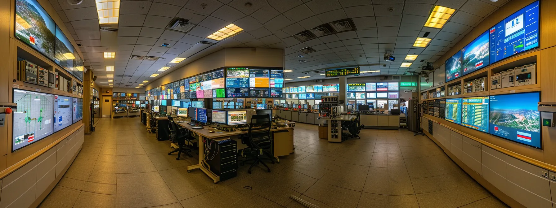 a bustling energy control room with high-tech servers, screens, and communication networks managing a renewable energy grid.