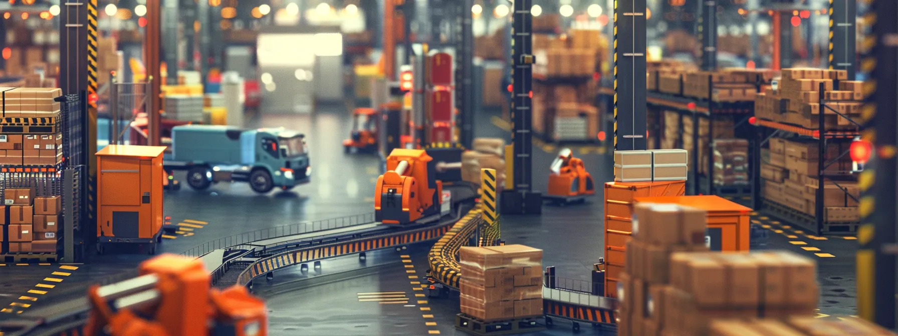 a bustling warehouse filled with automated robots and conveyor belts, efficiently sorting and packaging products for online retail orders.