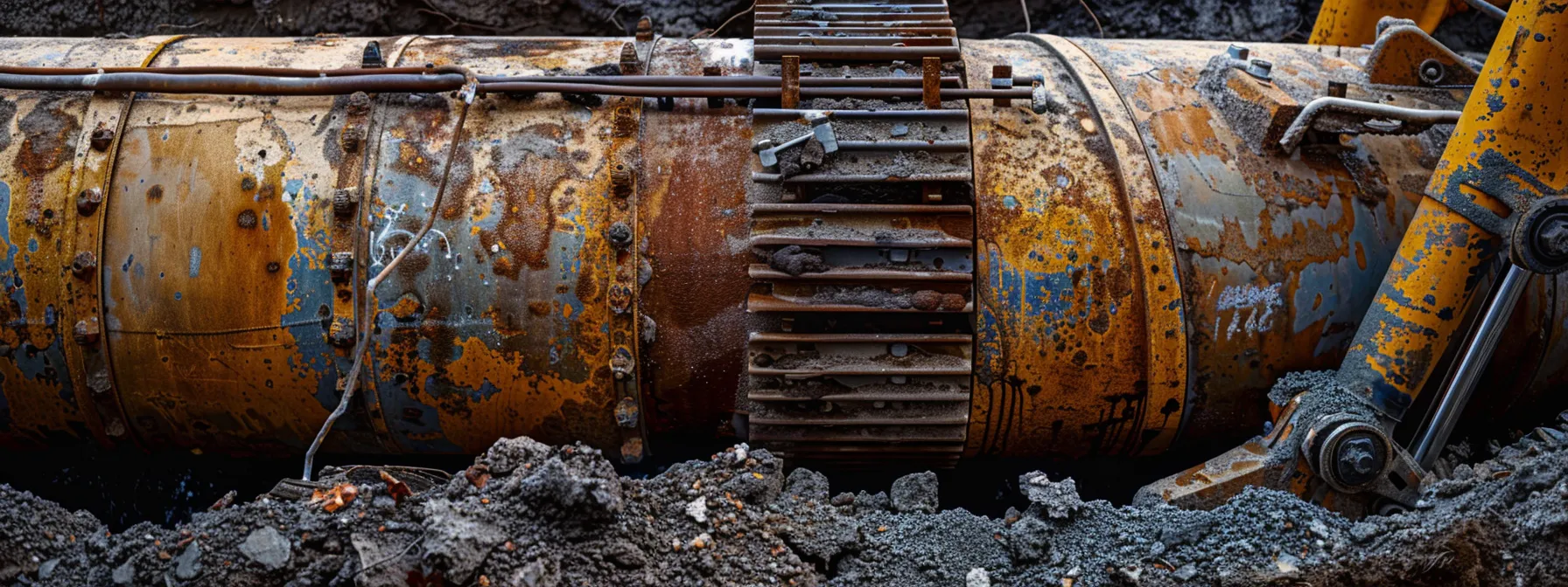 a crumbling, rusted pipe surrounded by construction equipment symbolizing the challenges of aging urban water infrastructure.