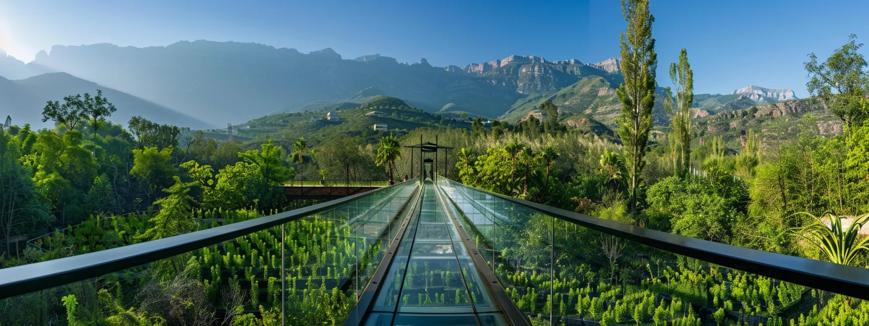 a dazzling glass bridge suspended over lush greenery with a backdrop of towering mountains and clear blue skies.