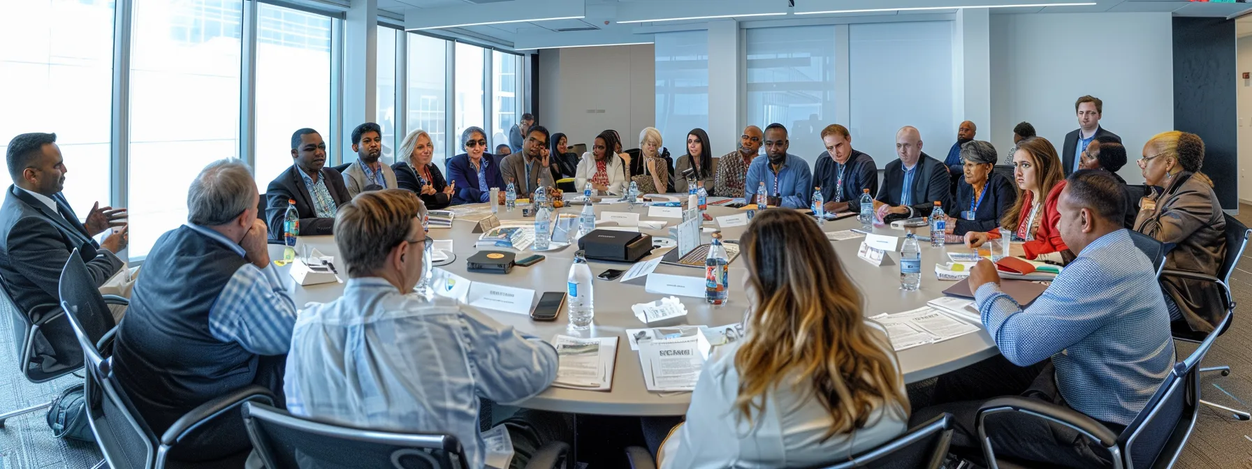 a diverse group of stakeholders gathered around a table, discussing infrastructure development and public service delivery in a modern conference room.