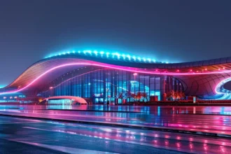 a futuristic airport terminal at night, illuminated with vibrant led lights and sleek, modern design.