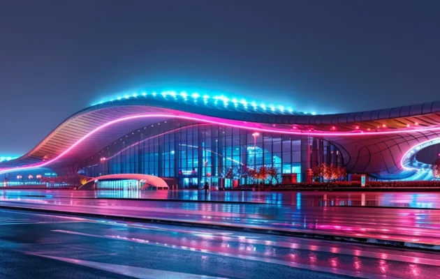 a futuristic airport terminal at night, illuminated with vibrant led lights and sleek, modern design.