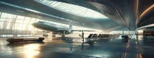 a futuristic airport terminal bustling with smart technologies and sleek design, enhancing passenger experience and optimizing operations.
