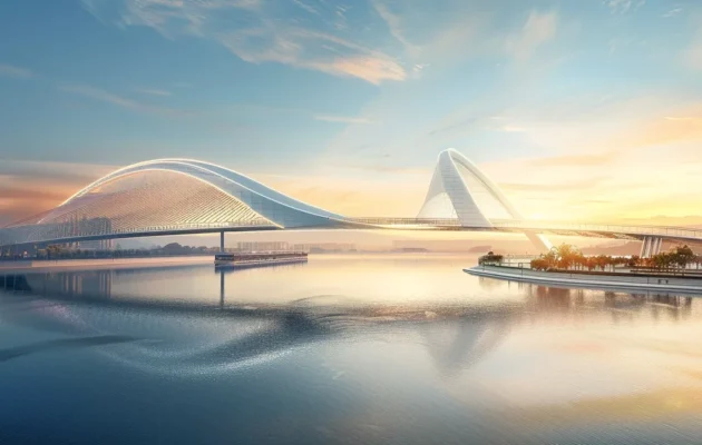 a futuristic, architectural marvel of a bridge soaring over a vast, shimmering river.