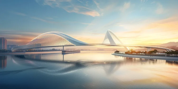 a futuristic, architectural marvel of a bridge soaring over a vast, shimmering river.