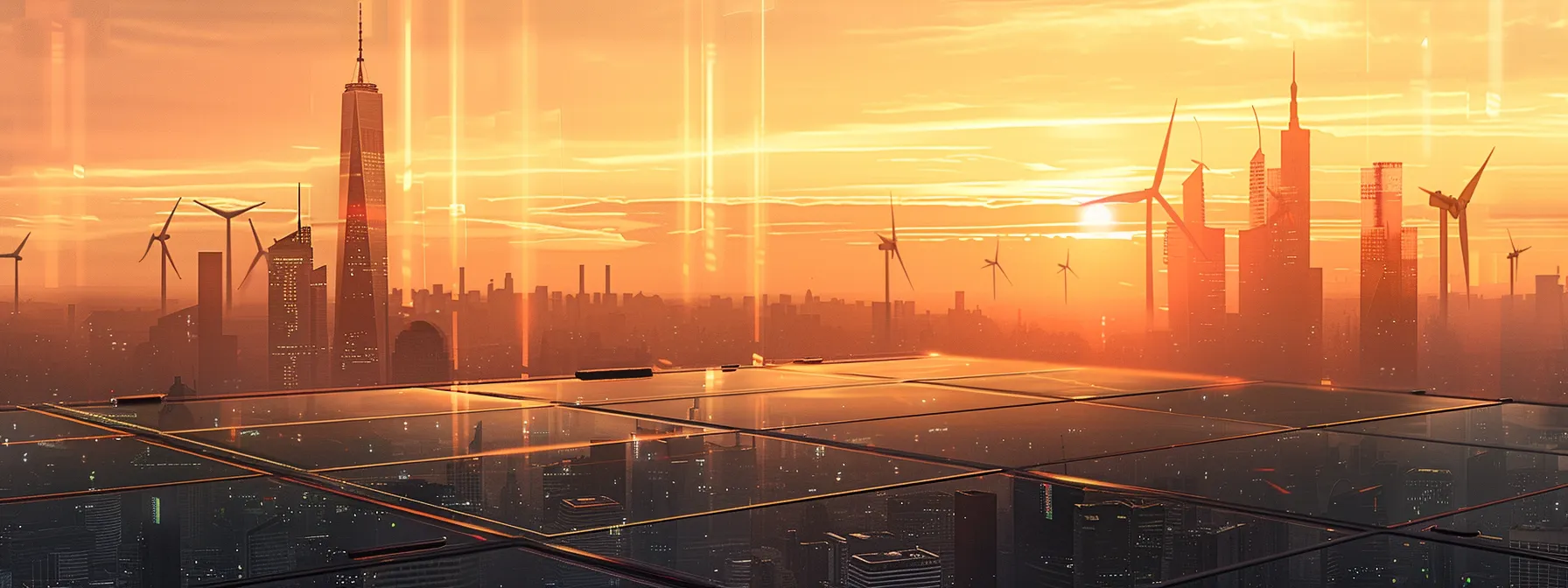 a futuristic city skyline dotted with sleek solar panels and towering wind turbines, showcasing the integration of renewable energy into modern infrastructure.