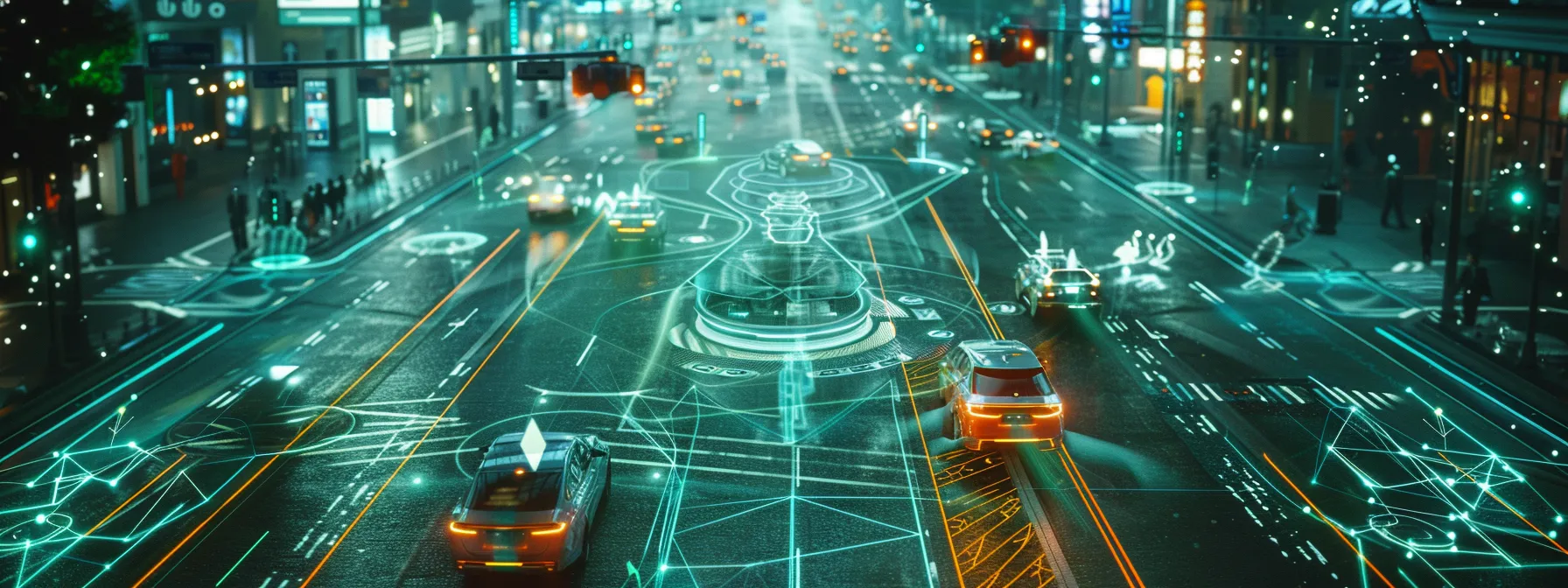 a futuristic city street featuring smart traffic lights, charging stations for electric vehicles, and designated lanes for autonomous cars merging seamlessly with pedestrians and cyclists.