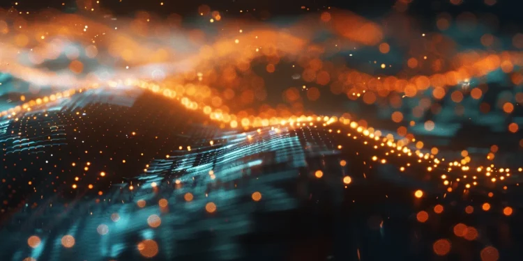 a futuristic cityscape with interconnected, glowing pathways symbolizing how blockchain revolutionizes infrastructure management.