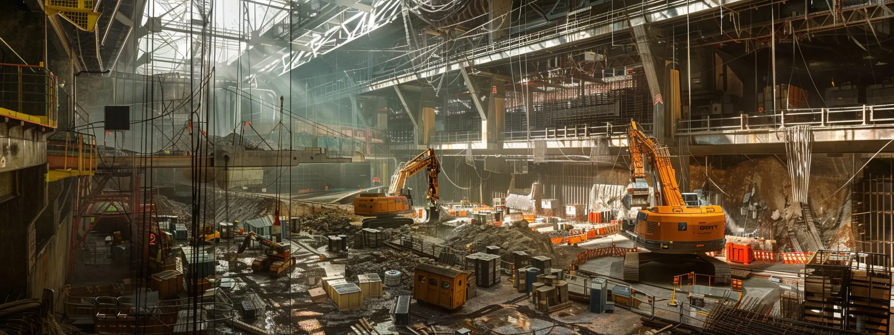 a futuristic construction site bustling with robotic workers and advanced technology, showcasing the integration of ai in infrastructure development.