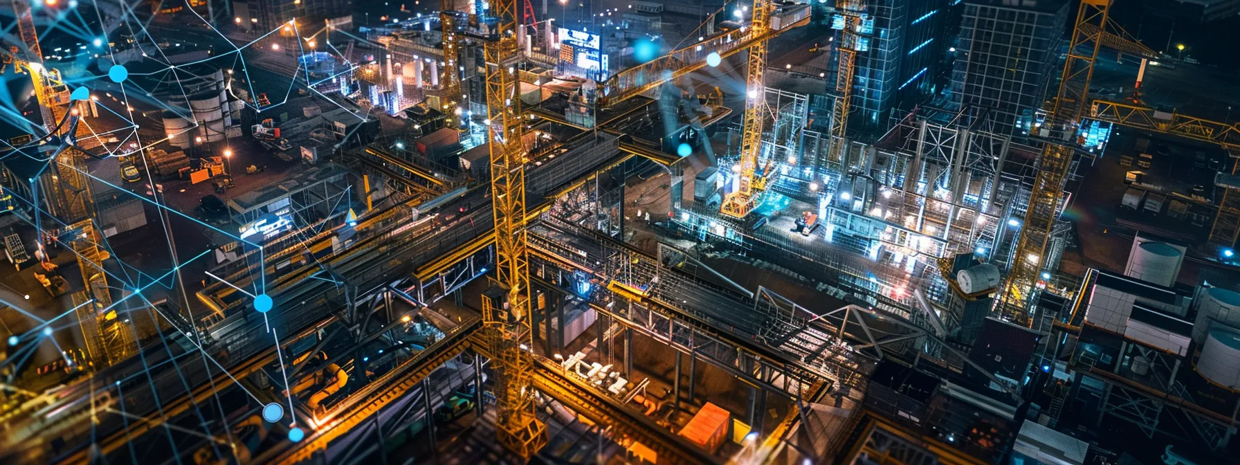 a futuristic construction site bustling with robotic machines, drones, and sensors, showcasing ai-driven predictive analytics and iot integration in action.