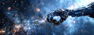 a futuristic robotic arm 3d printing a metallic structure against the backdrop of space.