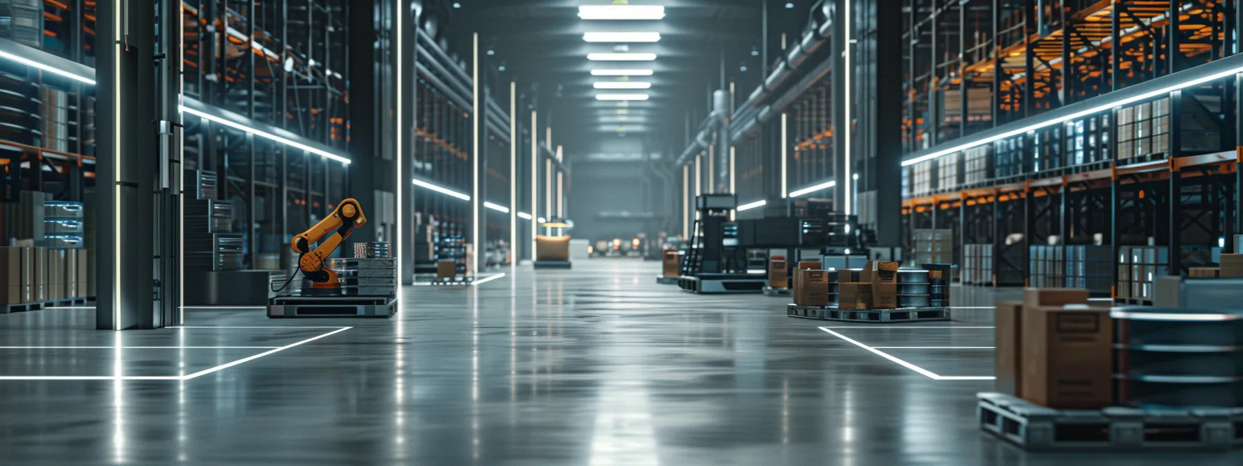 a futuristic warehouse filled with automated robots sorting and packaging goods for efficient e-commerce logistics.