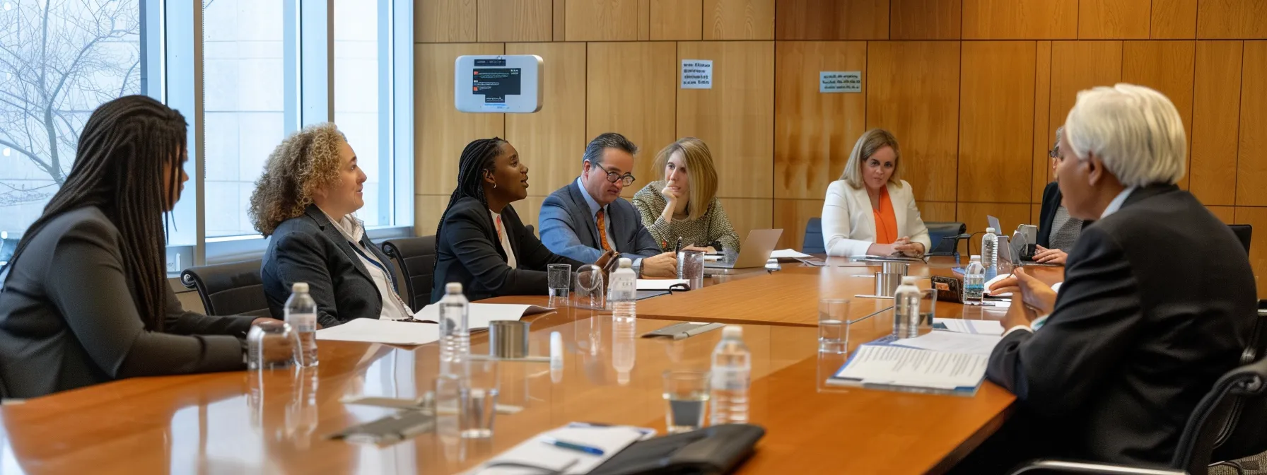 a group of diverse individuals reviewing and discussing detailed legal documents in a modern meeting room.