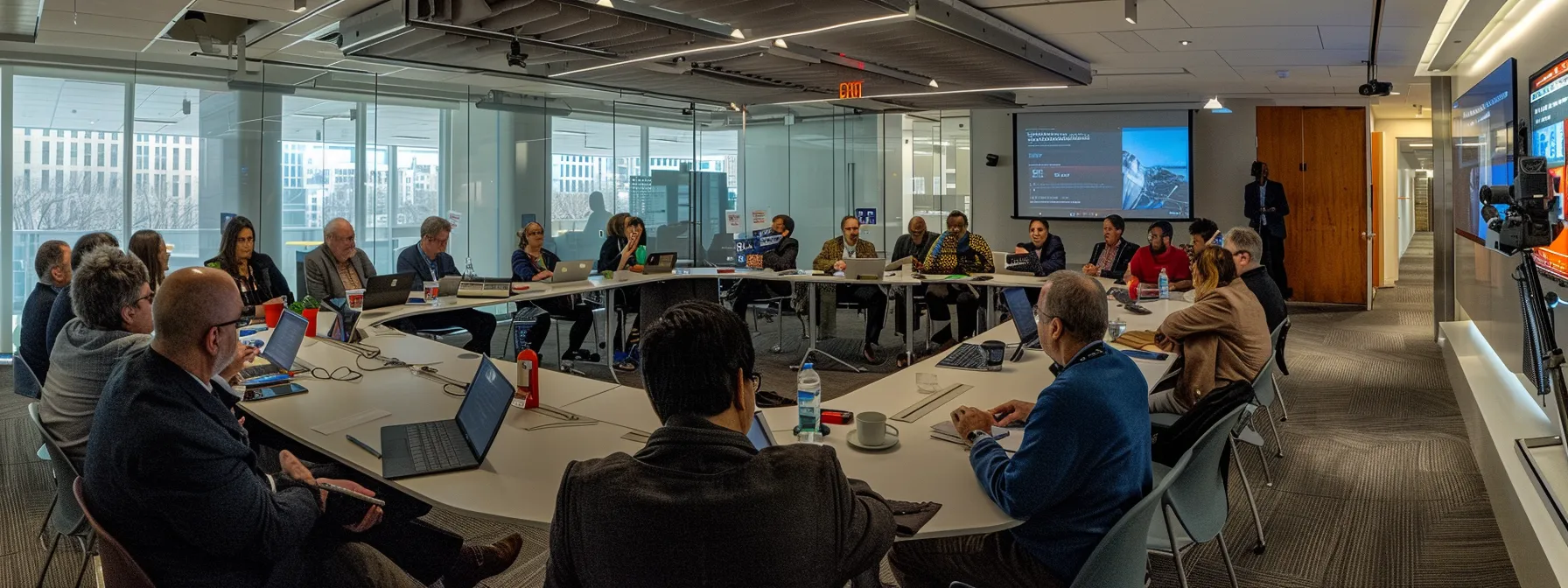 a group of diverse stakeholders meeting in a modern conference room, discussing urban water infrastructure policies and investment strategies.