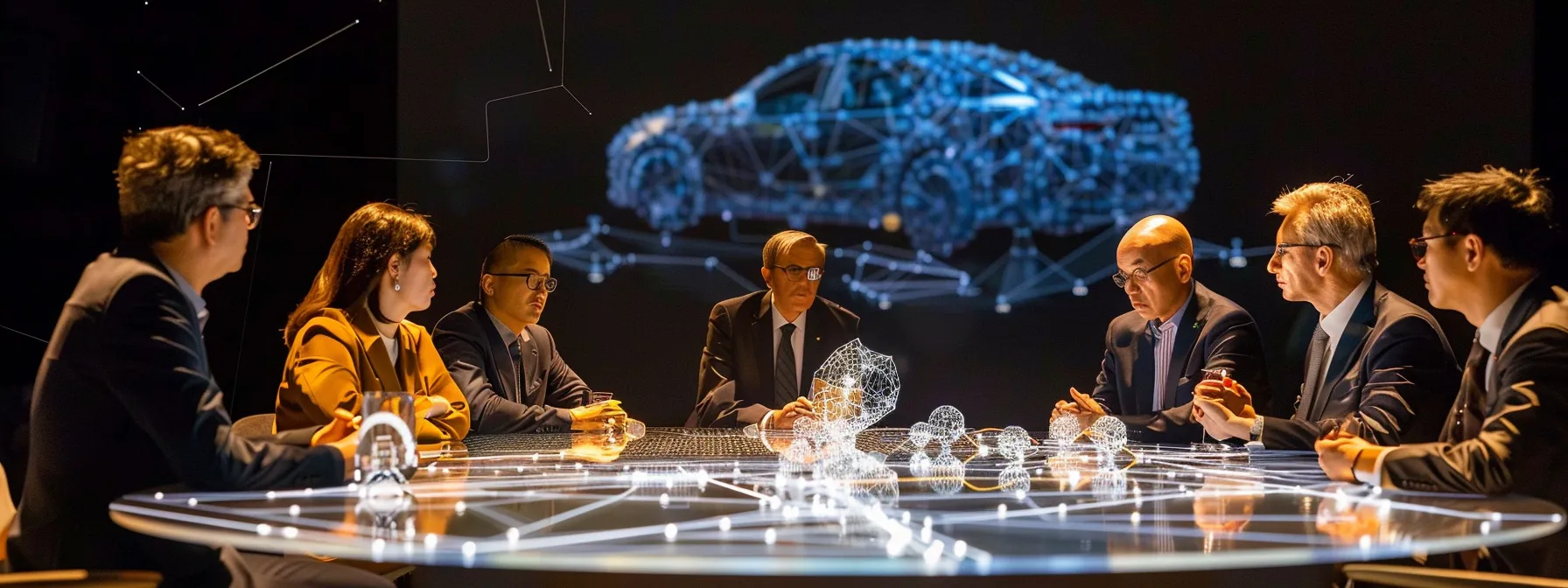 a group of policymakers and industry leaders engaged in discussion at a futuristic conference table with high-tech maps and models of autonomous vehicles displayed in the background.