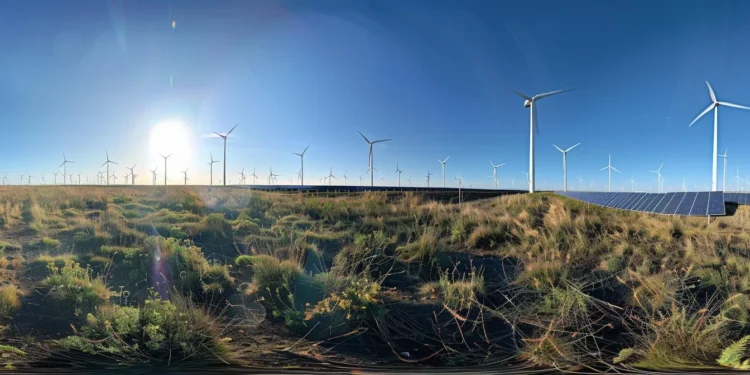 a panoramic view of a vast field of solar panels glistening under the sun, with towering wind turbines in the background.