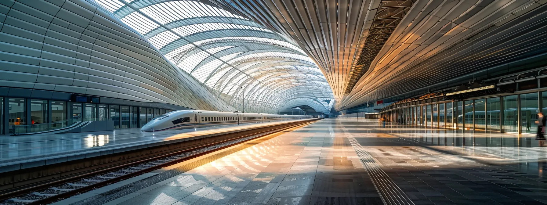 a sleek, aerodynamic high-speed train whizzing past futuristic, solar-powered train stations.