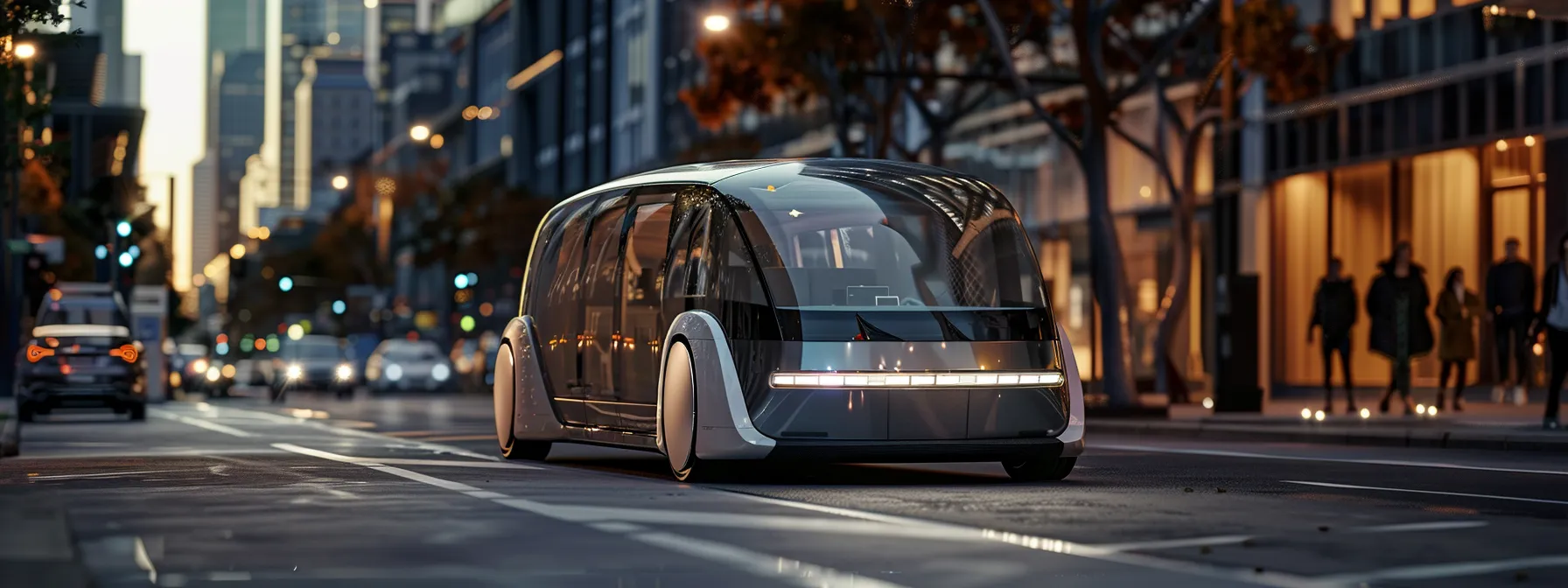 a sleek autonomous vehicle navigating smoothly through a smart, sensor-filled city street, showcasing cutting-edge infrastructure integration.