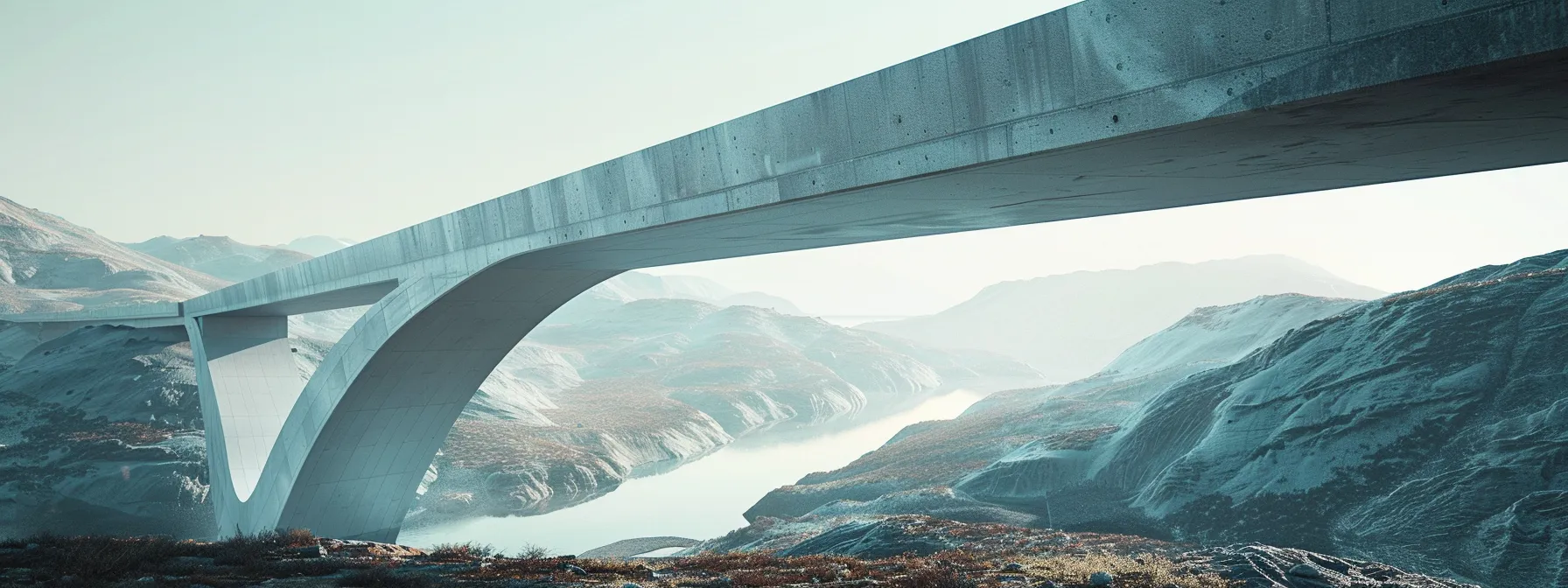 a sleek, futuristic bridge soaring over a rugged landscape, showcasing cutting-edge materials and innovative engineering designs.