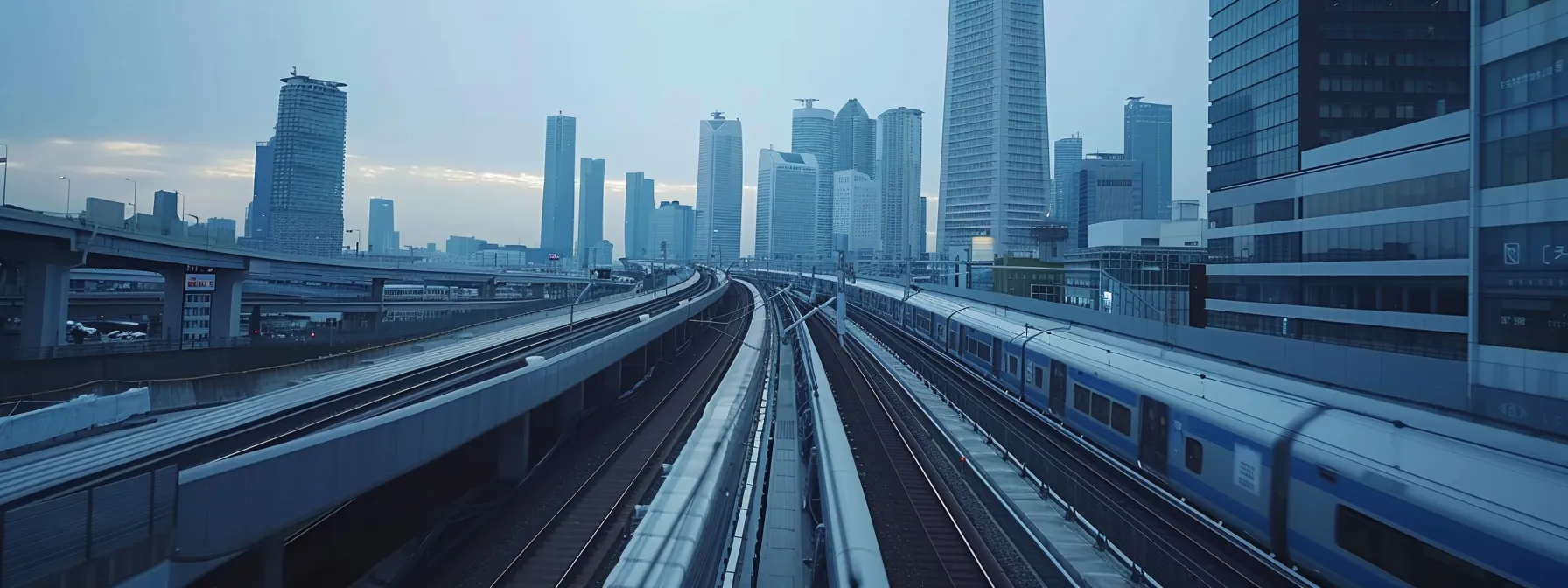 a sleek, futuristic high-speed train zooming past a city skyline, showcasing the challenges and future prospects of high-speed rail development.