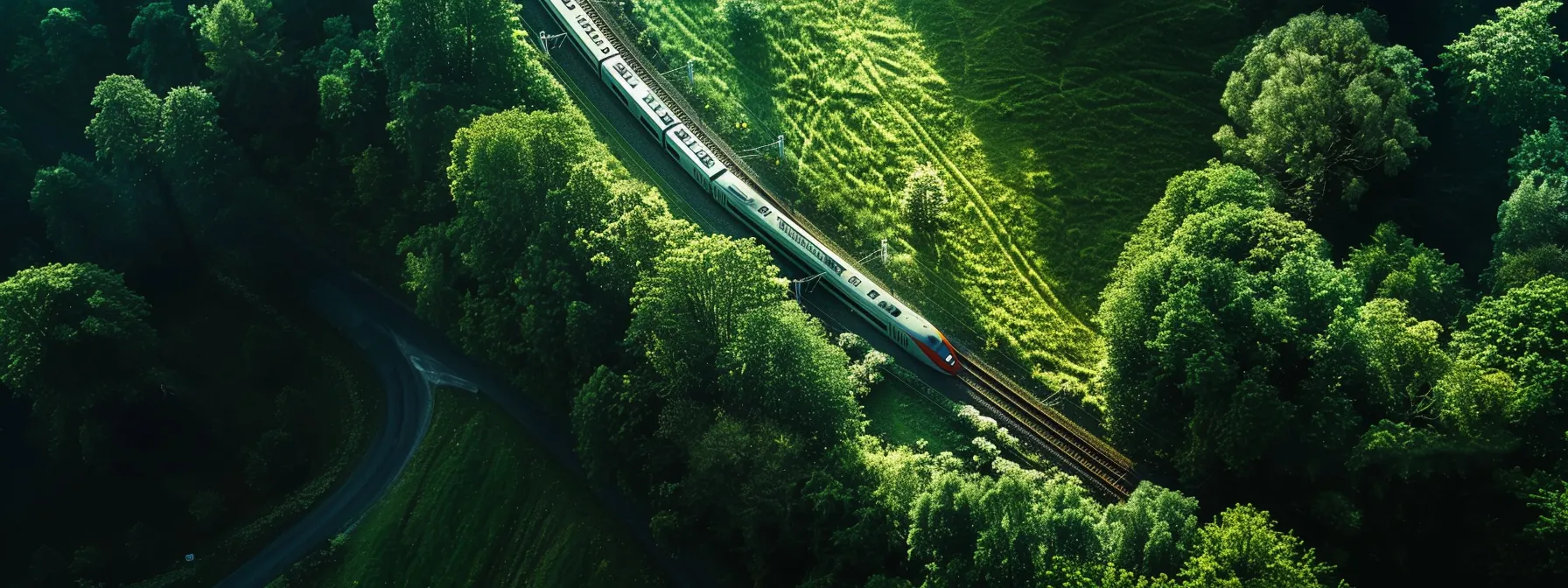 a sleek high-speed train gliding effortlessly through a lush, green landscape, leaving behind a trail of clean, eco-friendly transportation.