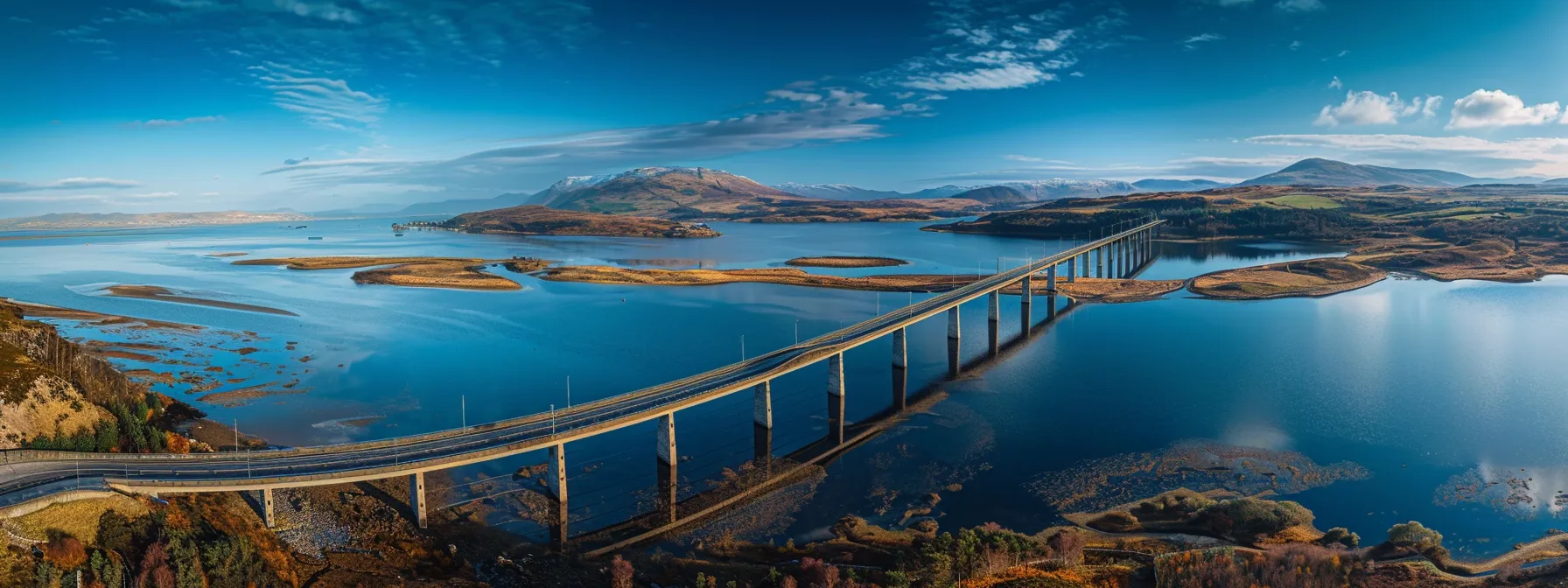 a stunning, modern bridge stretching elegantly across a vast body of water, linking bustling urban areas and showcasing innovative engineering design.