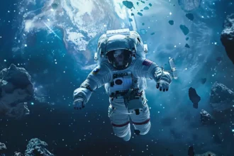 an astronaut floating in the vast emptiness of space, surrounded by futuristic construction equipment and materials, ready to build structures beyond earth.