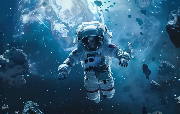 an astronaut floating in the vast emptiness of space, surrounded by futuristic construction equipment and materials, ready to build structures beyond earth.