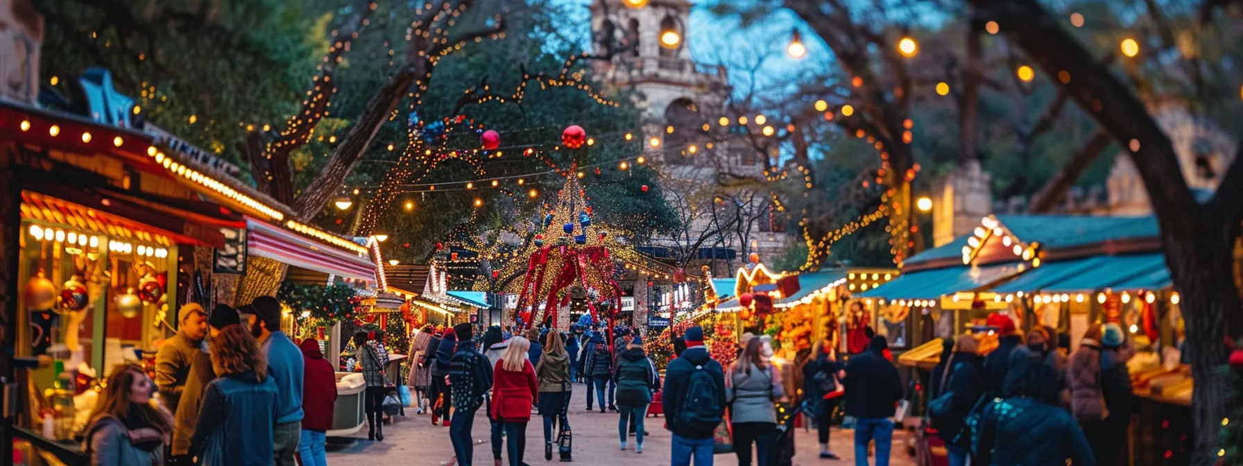 anticipate throngs of festive sightseers at a vibrant holiday market in san antonio.