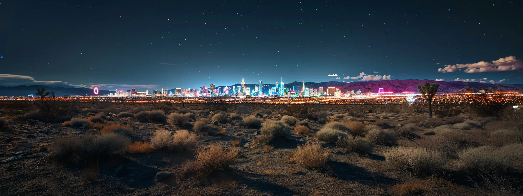 new york city's skyline illuminated by festive holiday lights glows brightly against the stillness of the desert in death valley.