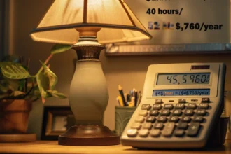 a calculator displaying "$22/hour x 40 hours/week x 52 weeks/year = $45,760/year" alongside a simple desk lamp illuminating the figures.