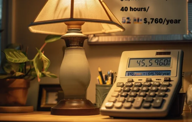 a calculator displaying "$22/hour x 40 hours/week x 52 weeks/year = $45,760/year" alongside a simple desk lamp illuminating the figures.