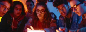 a group of diverse young people engaged in a heated discussion online, with a mix of excitement, confusion, and intrigue, showcasing the varied reactions to the word