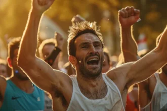 a group of exhausted runners crossing the finish line of a marathon, their determined expressions and sweat-soaked t-shirts showcasing the grueling 26.2-mile distance they've conquered.