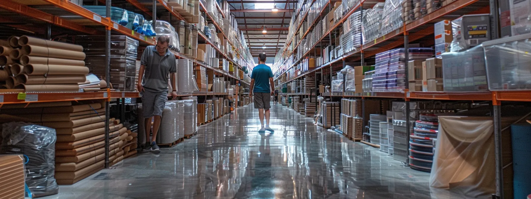 a homeowner carefully compares prices of affordable building materials at a local construction supply store, surrounded by stacks of high-quality yet cost-effective options.