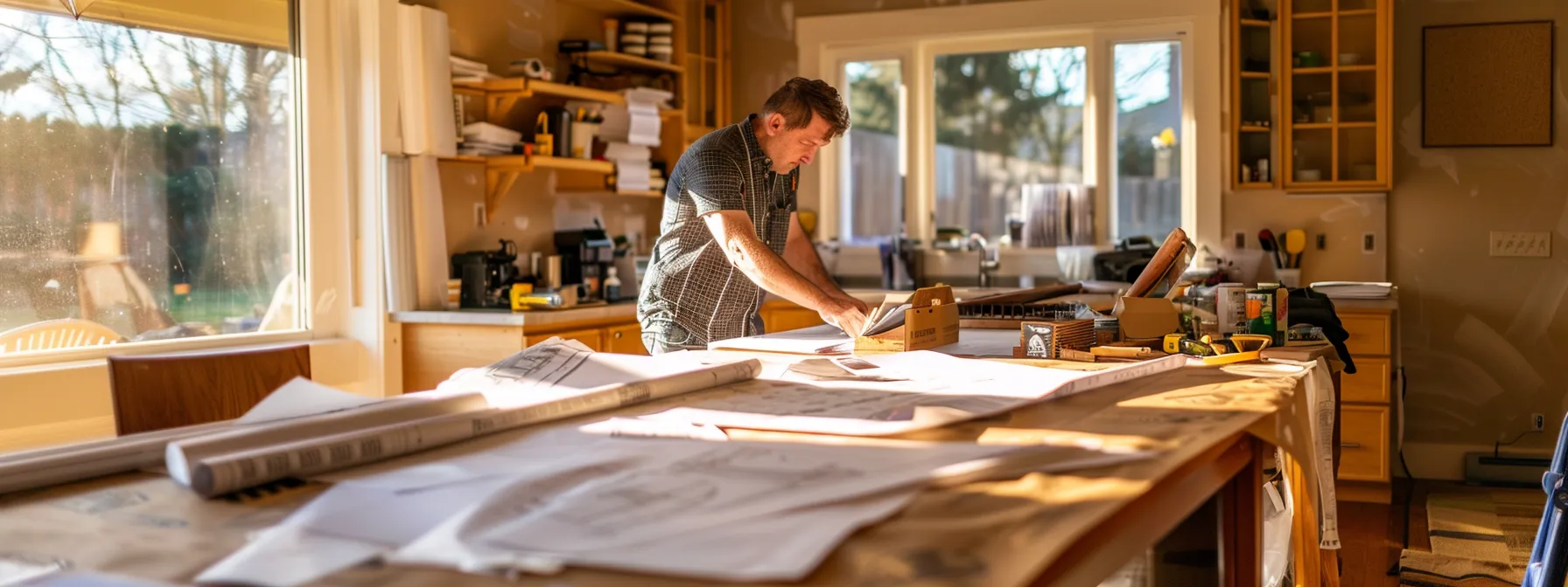 a homeowner, surrounded by blueprints and budget spreadsheets, carefully evaluates different construction materials for their new house.