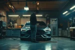 a mechanic swiftly changing the oil of a car in a clean, well-lit garage.