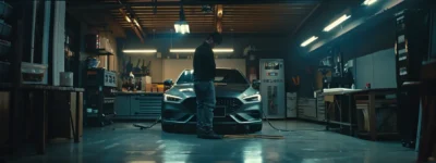 a mechanic swiftly changing the oil of a car in a clean, well-lit garage.