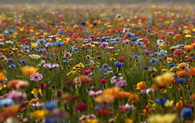 a panoramic view of a vast field covered with countless vibrant flowers of various hues, showcasing the beauty and diversity of nature.