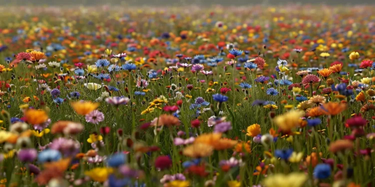 a panoramic view of a vast field covered with countless vibrant flowers of various hues, showcasing the beauty and diversity of nature.