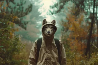 a person in a wolf costume standing confidently in a forest clearing.