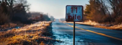 a road sign with the text "1 mile" displayed prominently.