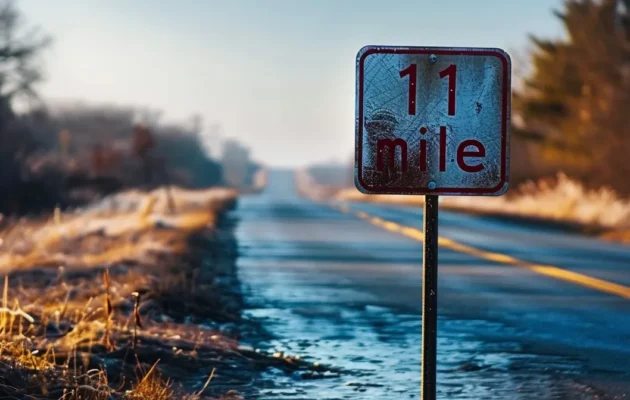 a road sign with the text "1 mile" displayed prominently.