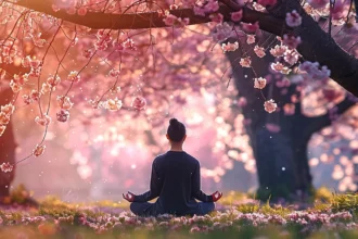 a serene figure meditating under a blossoming cherry blossom tree, symbolizing inner peace and spiritual awakening.