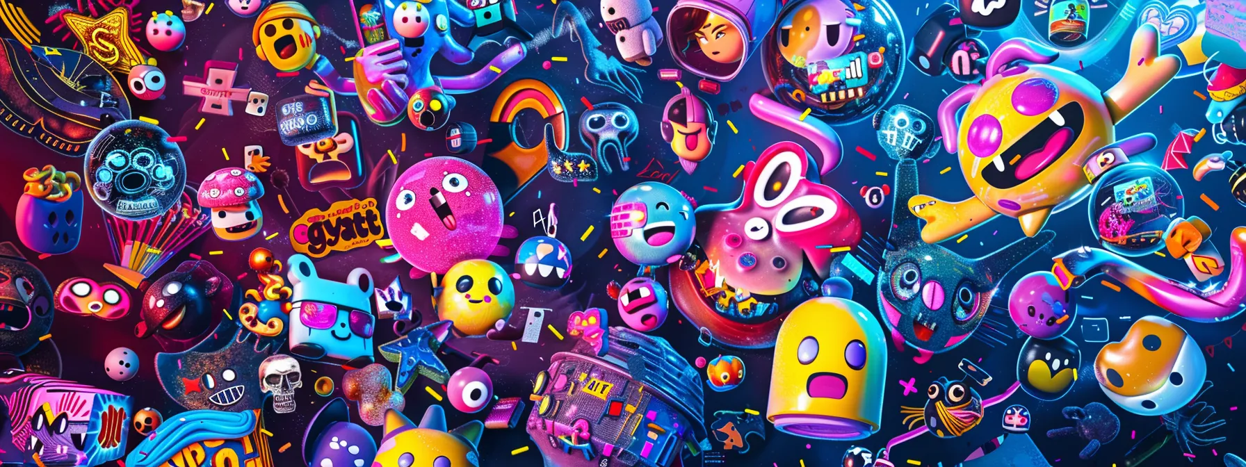 a vibrant and colorful collage of emojis, memes, and internet slang symbols representing the evolution and significance of 